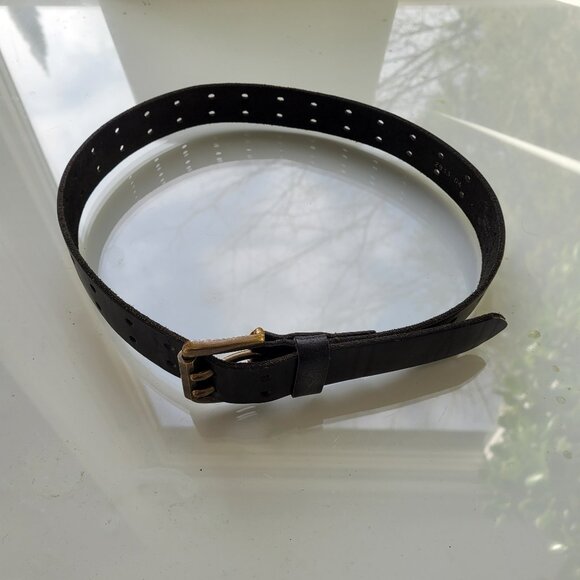 Vintage Black Leather Belt with Brass Buckle Size S - Picture 2 of 5